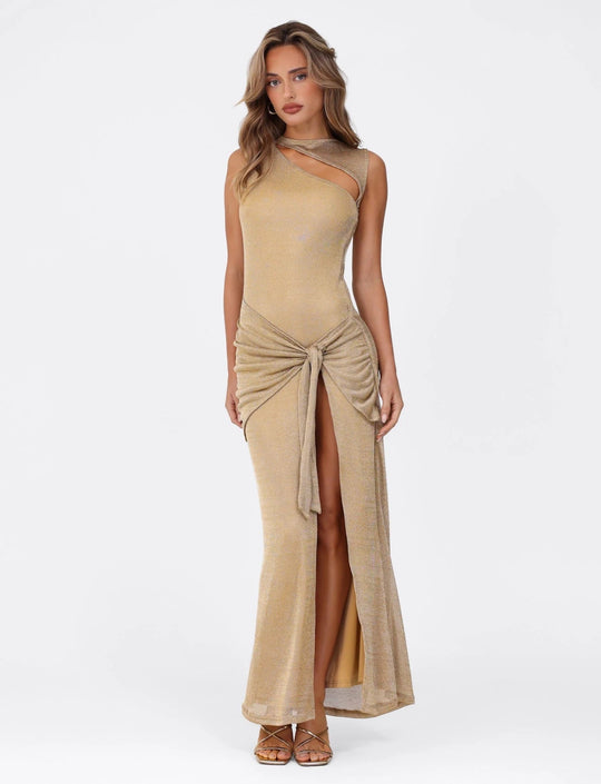 Amaris - Gouden metallic maxi-jurk met cut-out detail