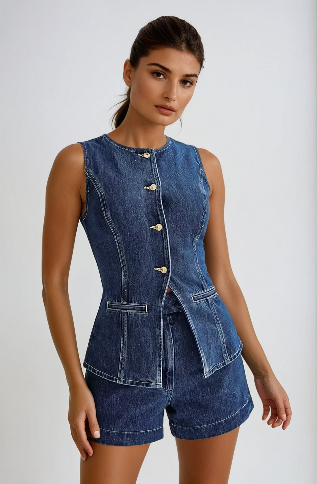 Dahlia – Denim co-ord set met gilet en short