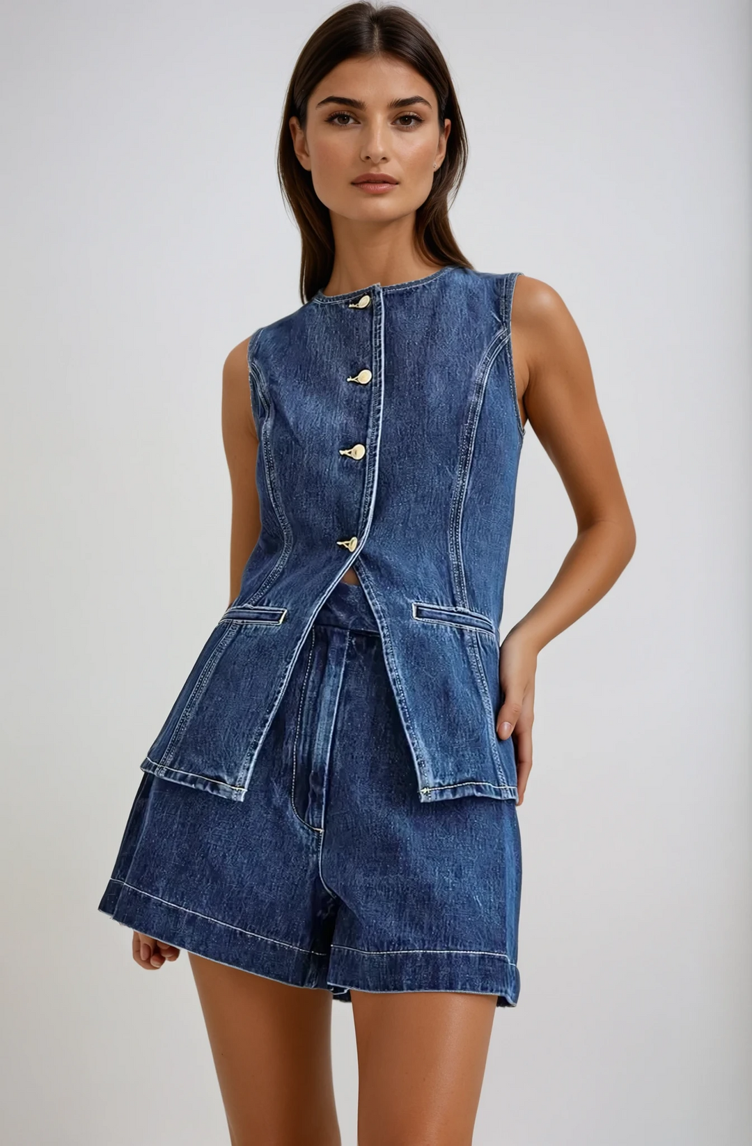 Dahlia – Denim co-ord set met gilet en short
