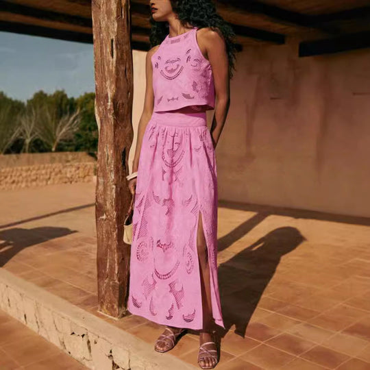 Anne – Roze gehaakte set met speelse split