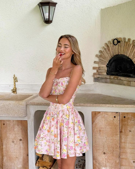 Norelia – Kanten corset mini-jurk met bloemenprint