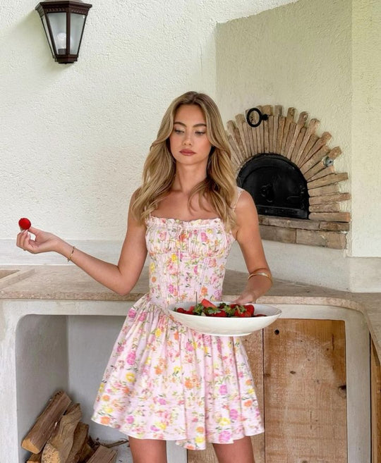 Norelia – Kanten corset mini-jurk met bloemenprint